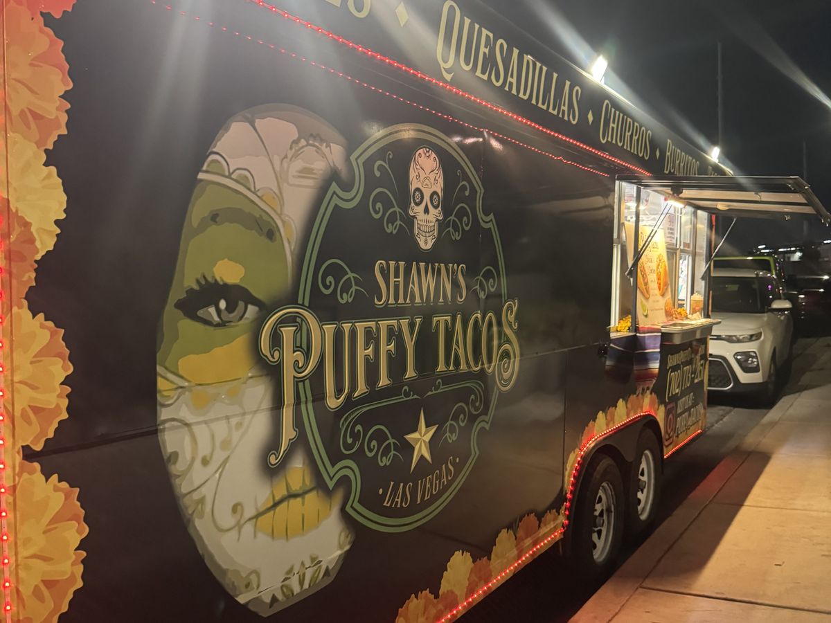 The truck lit up at night